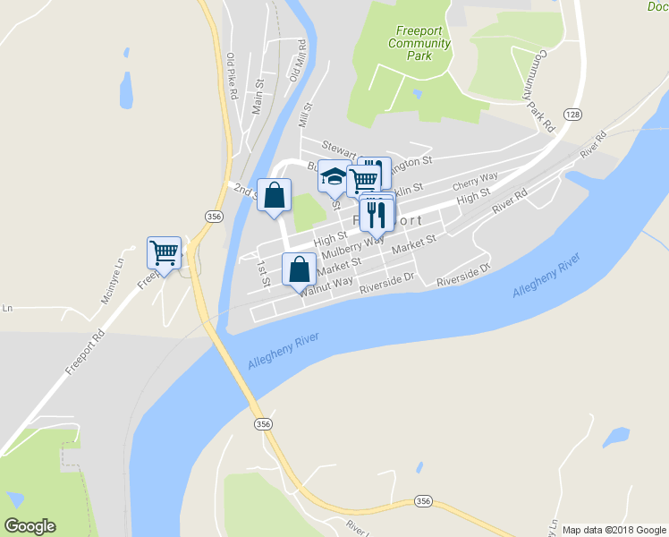 map of restaurants, bars, coffee shops, grocery stores, and more near 307 Market Street in Freeport