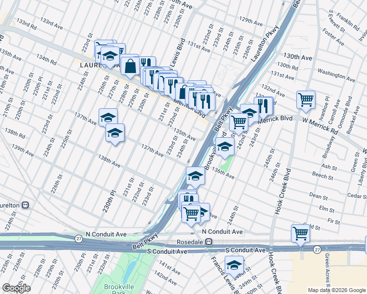 map of restaurants, bars, coffee shops, grocery stores, and more near 135-09 234th Street in Queens