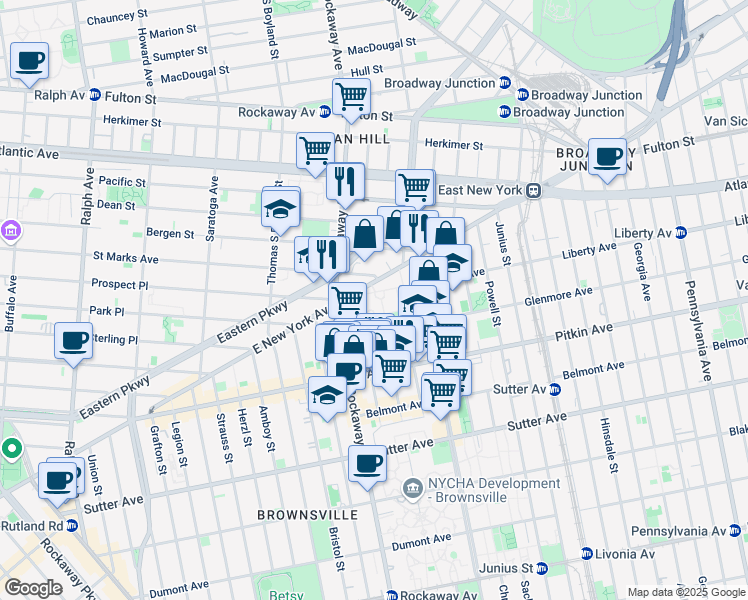 map of restaurants, bars, coffee shops, grocery stores, and more near 1580 East New York Avenue in Brooklyn
