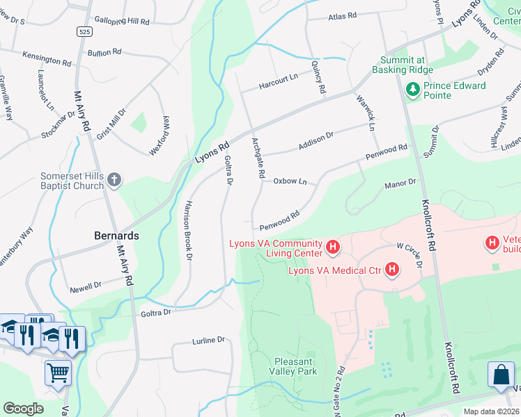 map of restaurants, bars, coffee shops, grocery stores, and more near 54 Archgate Road in Bernards