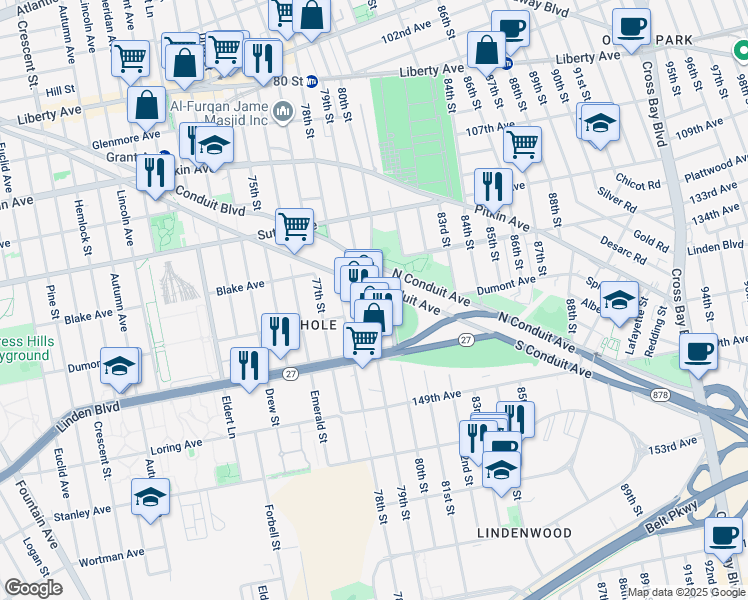 map of restaurants, bars, coffee shops, grocery stores, and more near 79-30 South Conduit Avenue in Queens