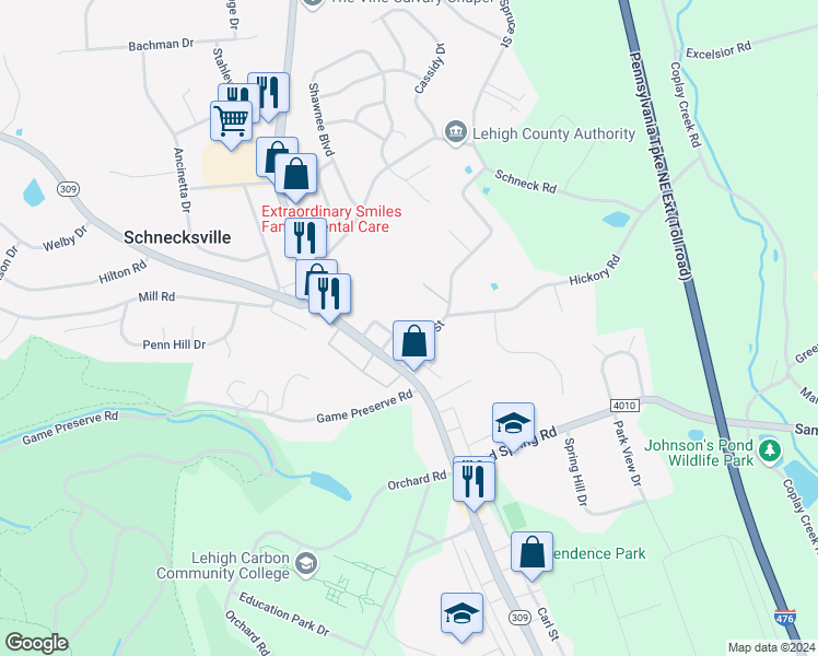 map of restaurants, bars, coffee shops, grocery stores, and more near 4742 Ray Street in Schnecksville