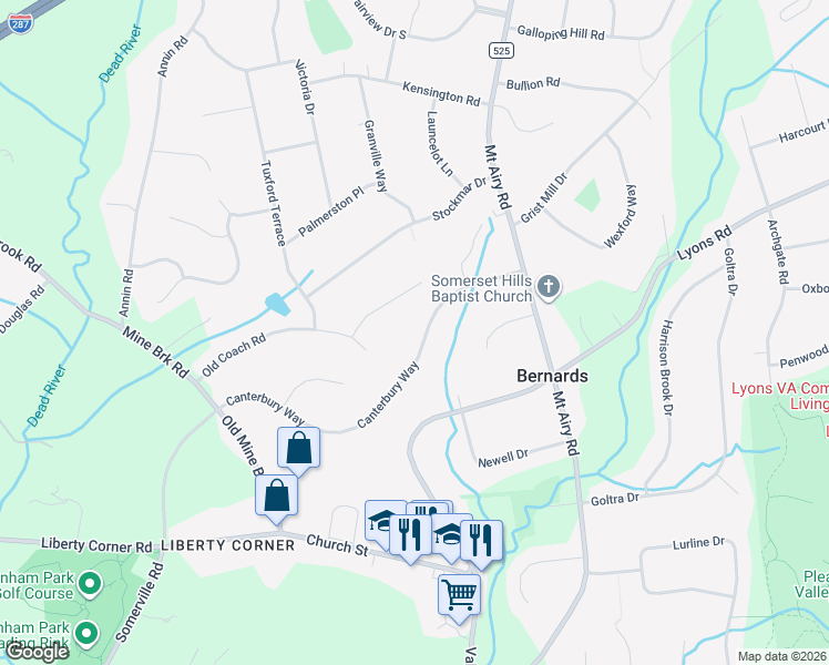 map of restaurants, bars, coffee shops, grocery stores, and more near 51 Canterbury Way in Bernards