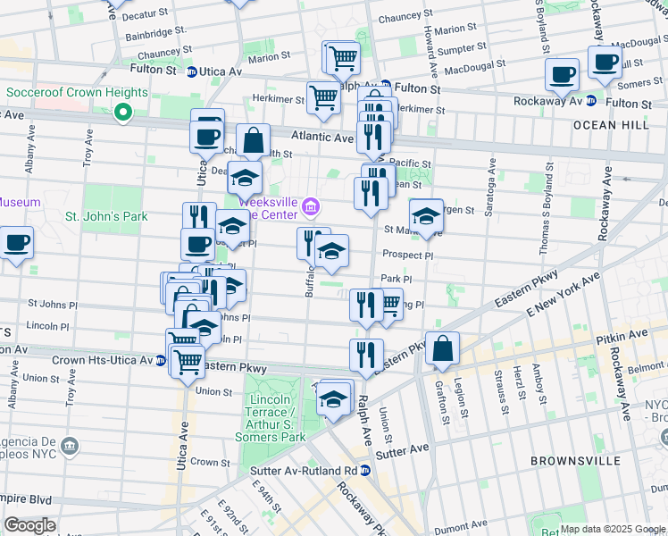 map of restaurants, bars, coffee shops, grocery stores, and more near 1601 Park Place in Brooklyn