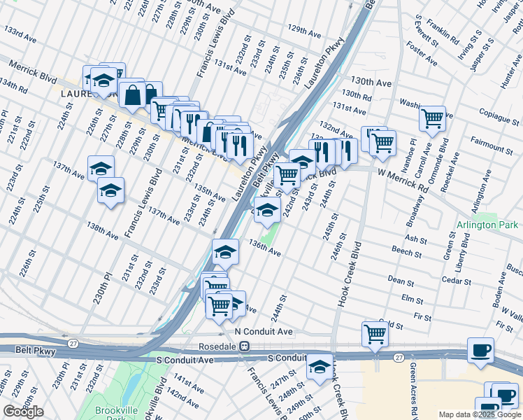 map of restaurants, bars, coffee shops, grocery stores, and more near 240-03 Brookville Boulevard in Queens
