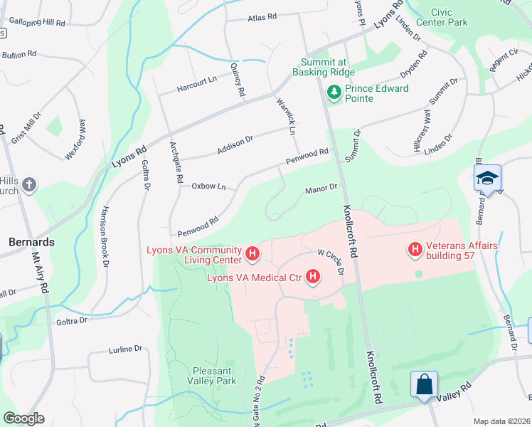 map of restaurants, bars, coffee shops, grocery stores, and more near 59 Manor Drive in Basking Ridge
