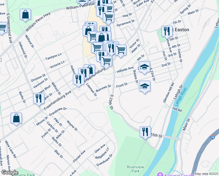 map of restaurants, bars, coffee shops, grocery stores, and more near 1204 Williamson Street in Easton