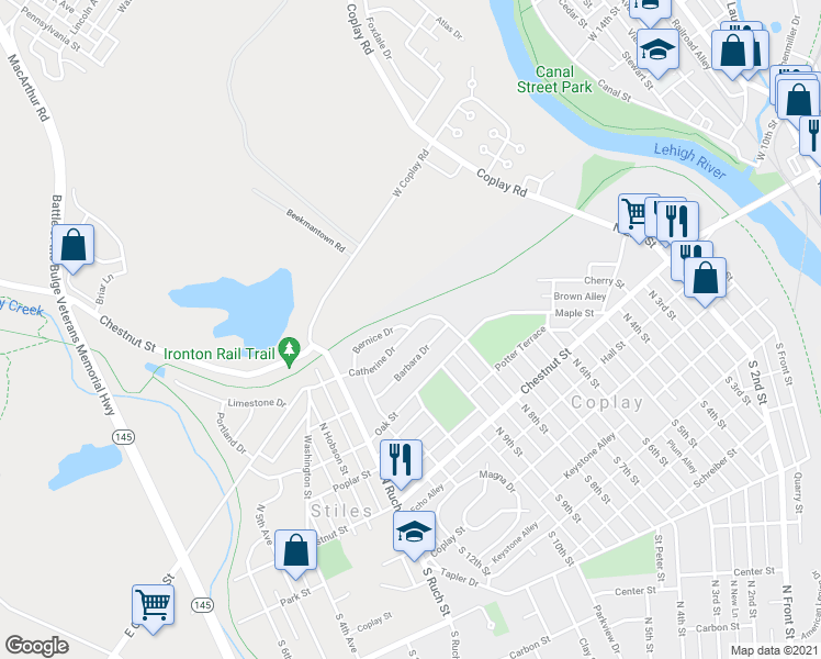 map of restaurants, bars, coffee shops, grocery stores, and more near 1001 Bernice Drive in Coplay