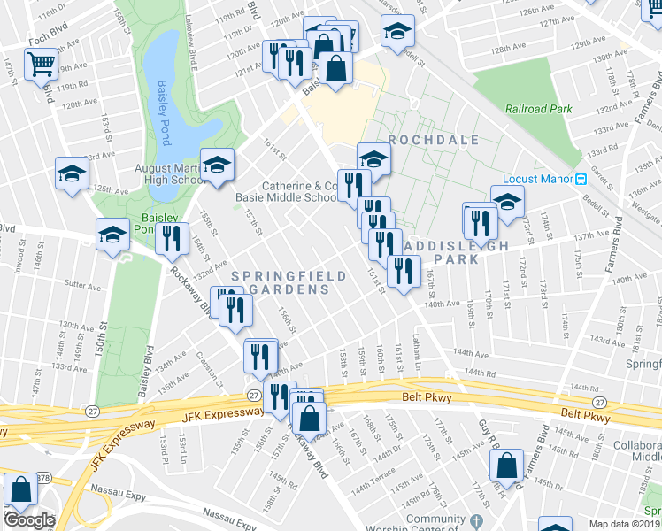 map of restaurants, bars, coffee shops, grocery stores, and more near 159-06 134th Avenue in Queens