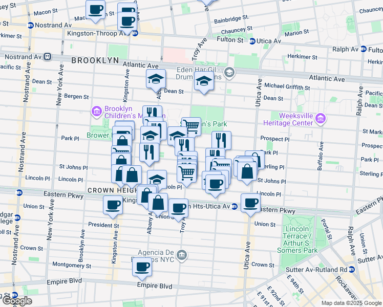 map of restaurants, bars, coffee shops, grocery stores, and more near 209 Troy Avenue in Brooklyn