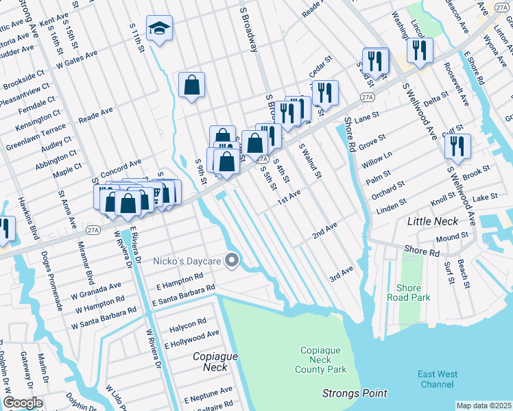 map of restaurants, bars, coffee shops, grocery stores, and more near 688 South 7th Street in Lindenhurst