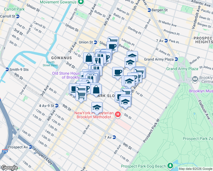 map of restaurants, bars, coffee shops, grocery stores, and more near 412 2nd Street in Brooklyn