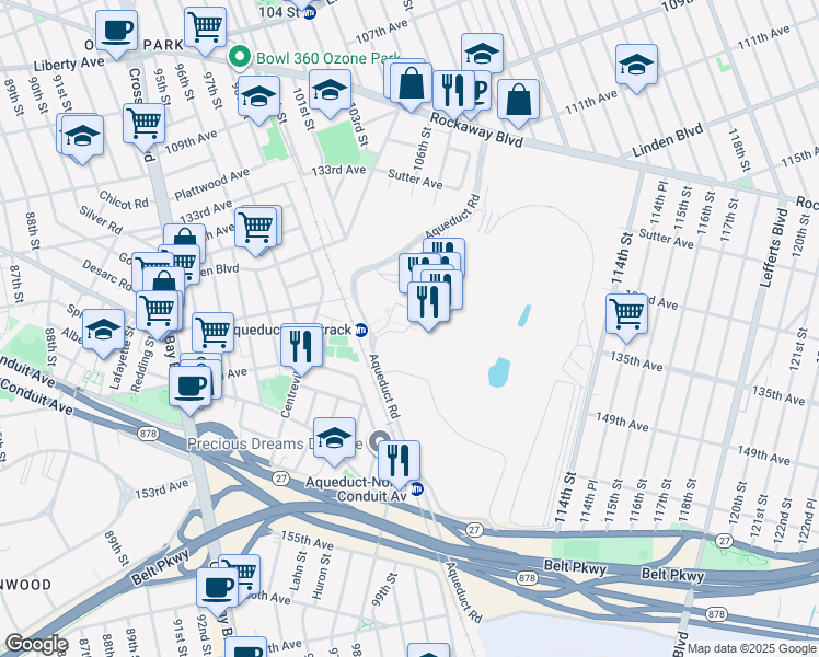 map of restaurants, bars, coffee shops, grocery stores, and more near Aqueduct Road in Queens