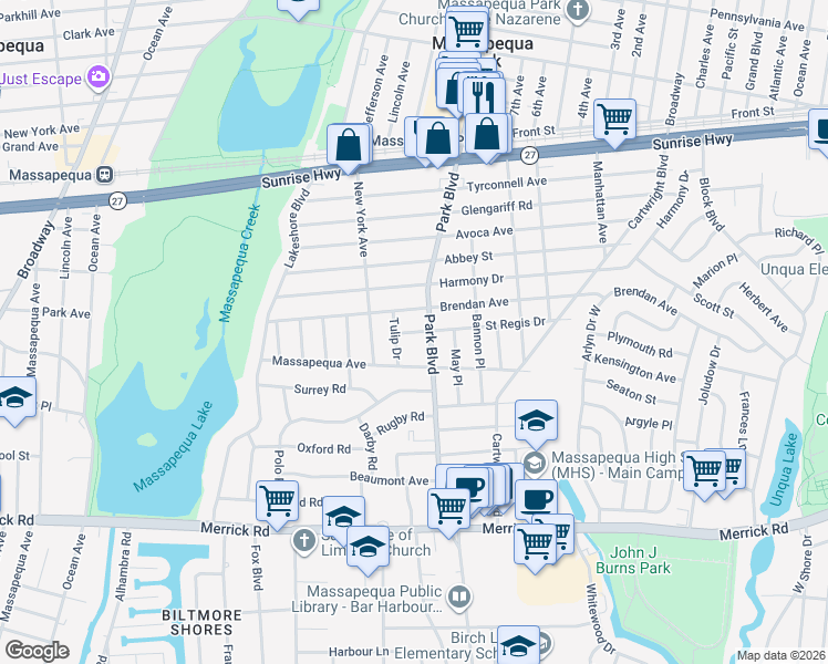 map of restaurants, bars, coffee shops, grocery stores, and more near 75 Saint Regis Drive in Massapequa Park