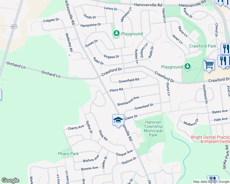 map of restaurants, bars, coffee shops, grocery stores, and more near 1139 Place Road in Bethlehem