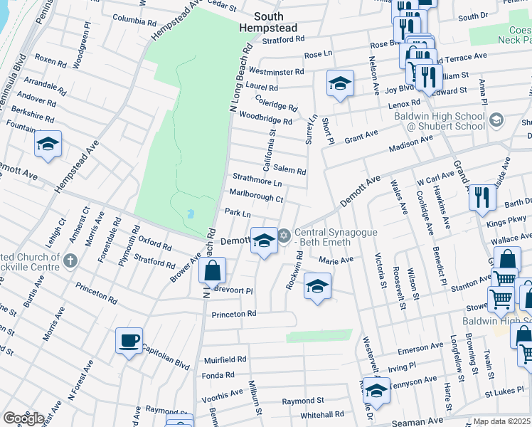 map of restaurants, bars, coffee shops, grocery stores, and more near 40 Rugby Road in Rockville Centre