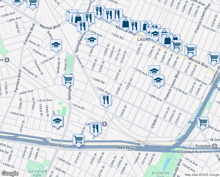 map of restaurants, bars, coffee shops, grocery stores, and more near 138-34 223rd Street in Queens
