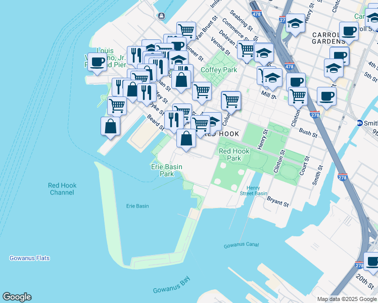 map of restaurants, bars, coffee shops, grocery stores, and more near 1 Beard Street in Brooklyn