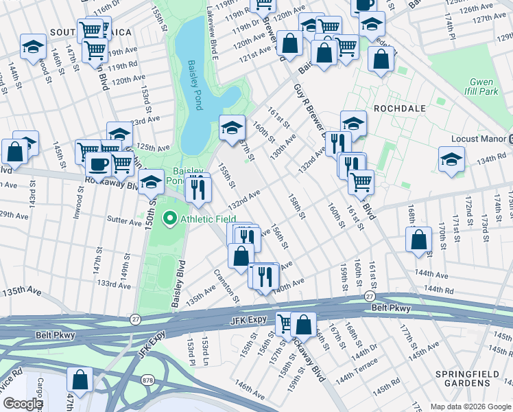 map of restaurants, bars, coffee shops, grocery stores, and more near 155-16 132nd Avenue in Queens
