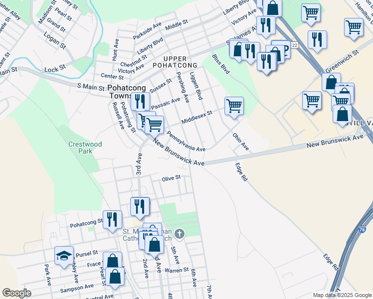 map of restaurants, bars, coffee shops, grocery stores, and more near 520 Pennsylvania Avenue in Phillipsburg