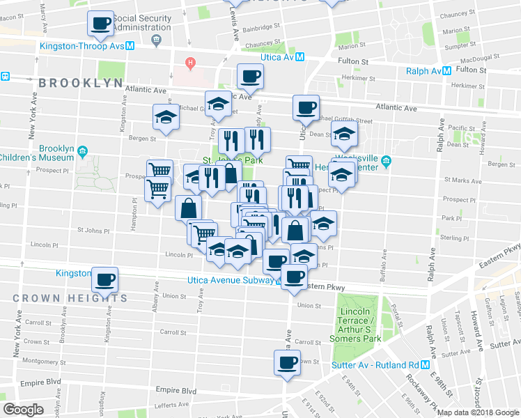map of restaurants, bars, coffee shops, grocery stores, and more near 1338 Park Place in Brooklyn