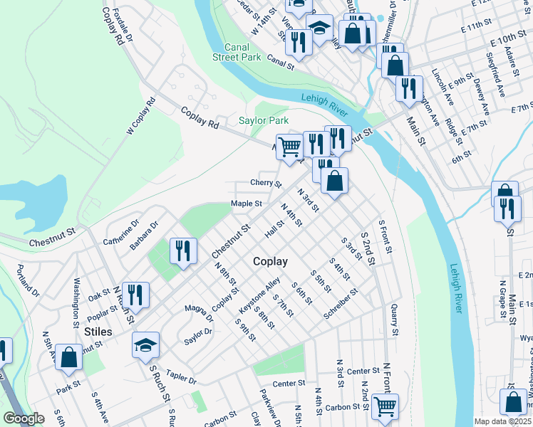 map of restaurants, bars, coffee shops, grocery stores, and more near 48 North 4th Street in Coplay