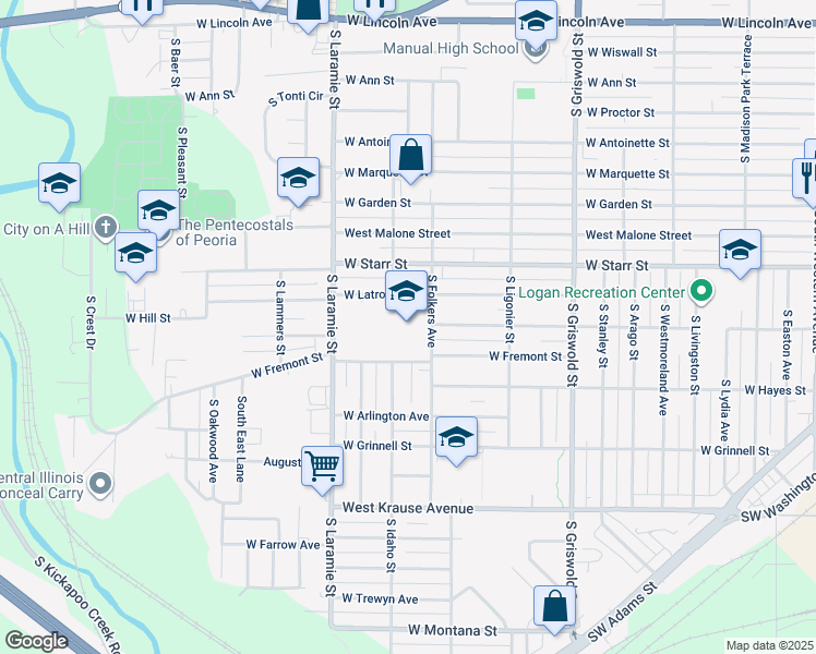 map of restaurants, bars, coffee shops, grocery stores, and more near 1419 South Folkers Avenue in Peoria