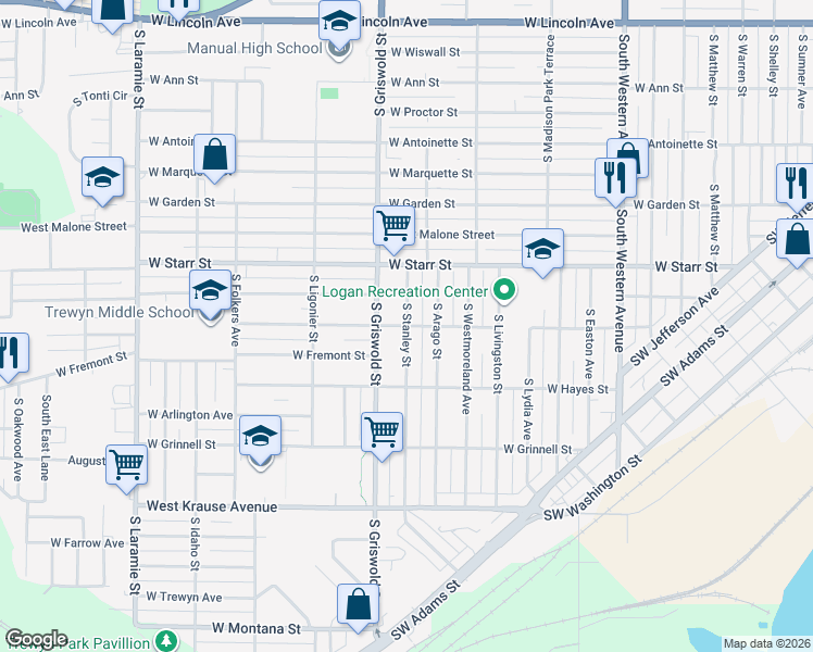 map of restaurants, bars, coffee shops, grocery stores, and more near West Humboldt Street in Peoria
