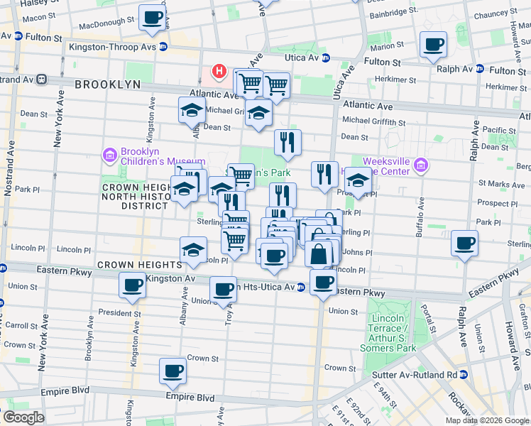 map of restaurants, bars, coffee shops, grocery stores, and more near 1282 Park Place in Brooklyn