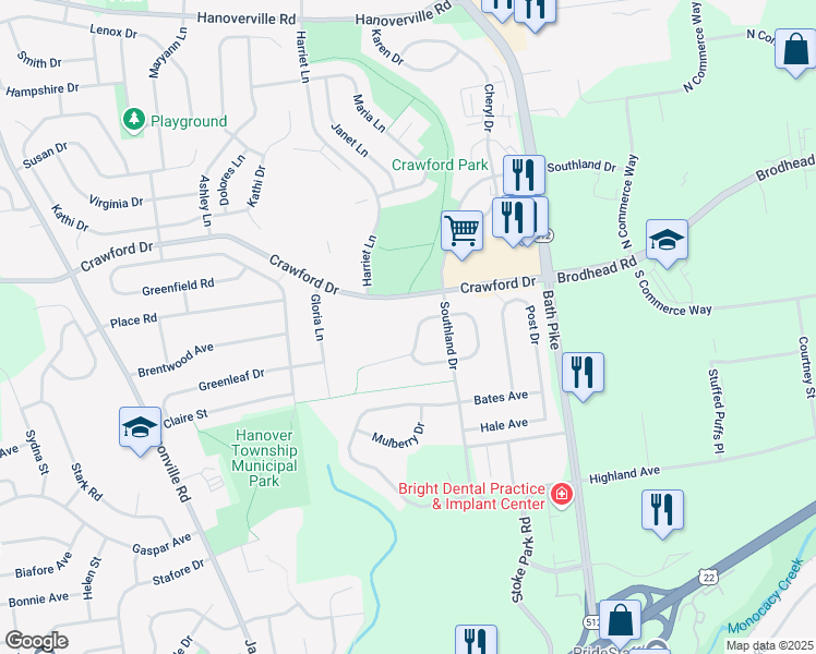 map of restaurants, bars, coffee shops, grocery stores, and more near 5516 Grace Avenue in Bethlehem