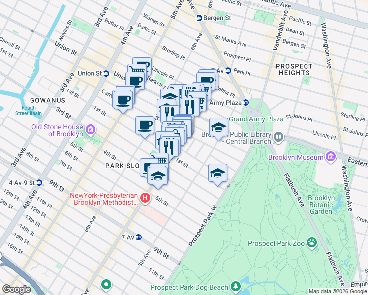 map of restaurants, bars, coffee shops, grocery stores, and more near 221 Garfield Place in Brooklyn