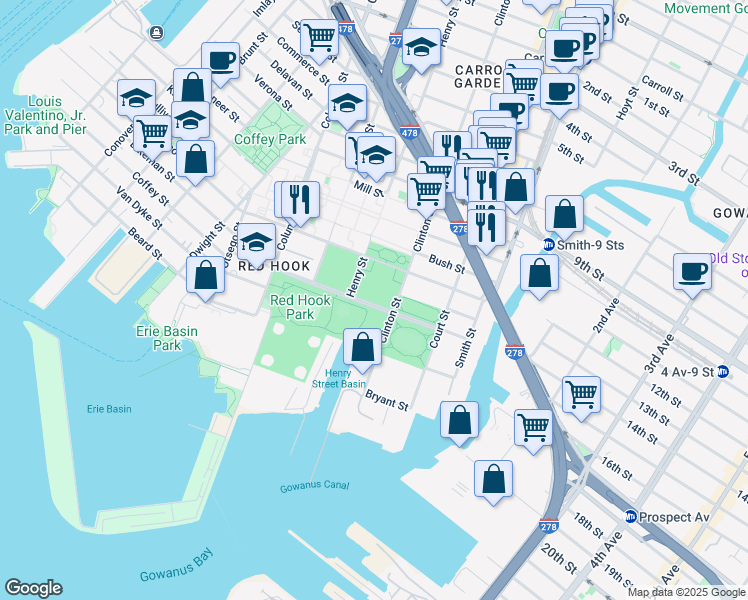 map of restaurants, bars, coffee shops, grocery stores, and more near 155 Bay Street in Brooklyn