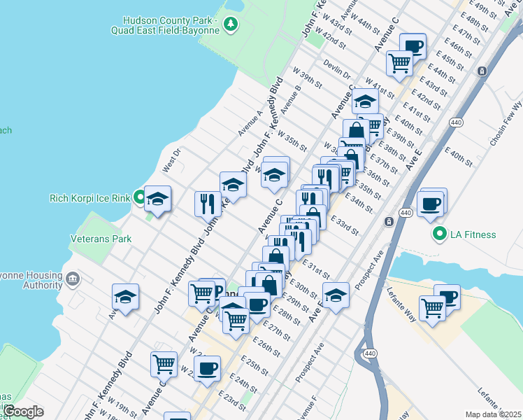map of restaurants, bars, coffee shops, grocery stores, and more near 63 West 32nd Street in Bayonne