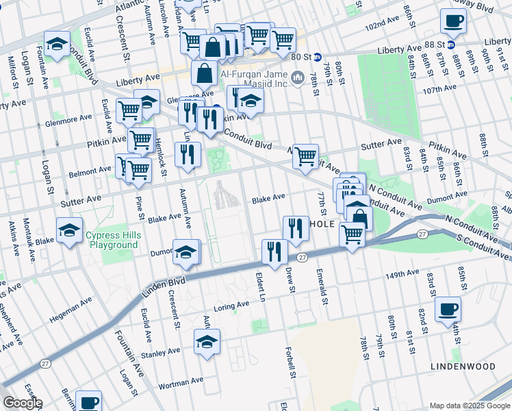 map of restaurants, bars, coffee shops, grocery stores, and more near 1450 Blake Avenue in Brooklyn