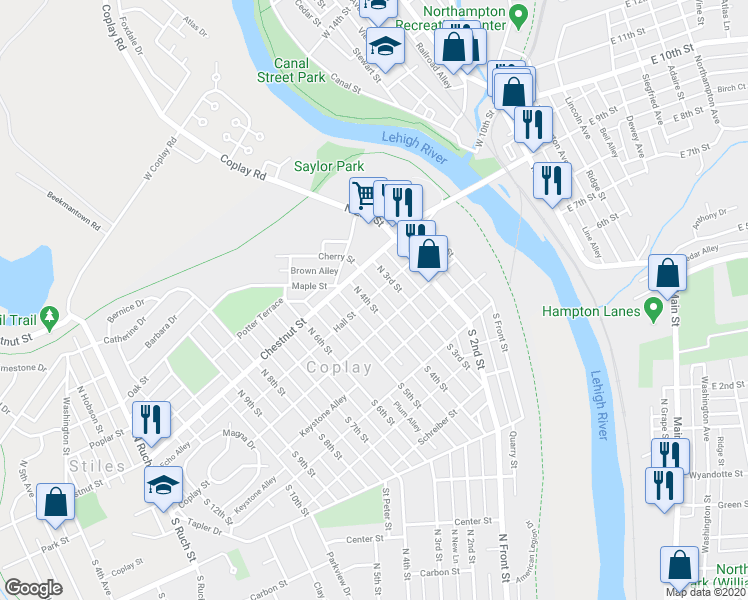 map of restaurants, bars, coffee shops, grocery stores, and more near 27 North 4th Street in Coplay