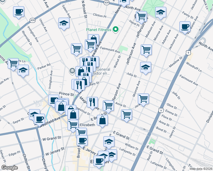 map of restaurants, bars, coffee shops, grocery stores, and more near 1174 Mary Street in Elizabeth