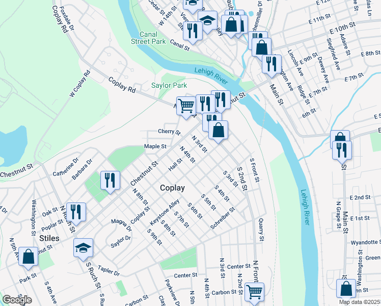 map of restaurants, bars, coffee shops, grocery stores, and more near 27 North 4th Street in Coplay