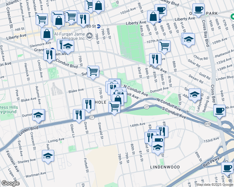 map of restaurants, bars, coffee shops, grocery stores, and more near 79-30 South Conduit Avenue in Queens