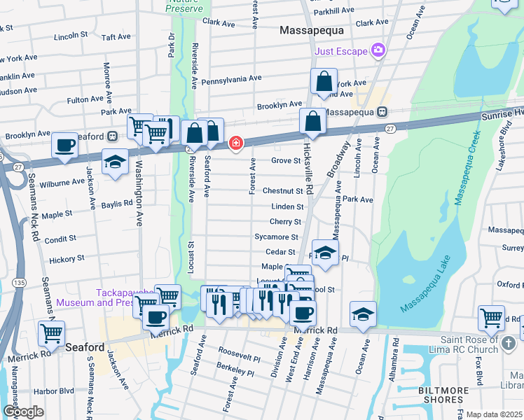 map of restaurants, bars, coffee shops, grocery stores, and more near 44 Linden Street in Massapequa