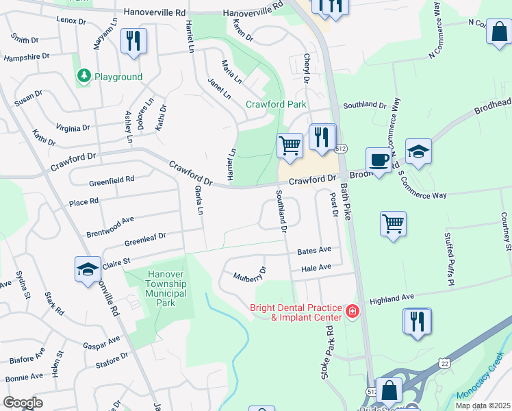 map of restaurants, bars, coffee shops, grocery stores, and more near 5516 Grace Avenue in Bethlehem
