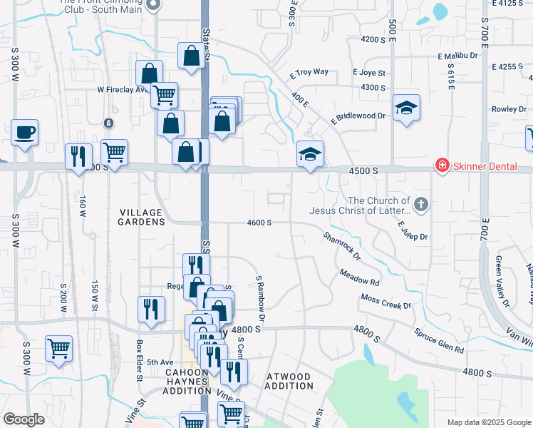 map of restaurants, bars, coffee shops, grocery stores, and more near 4571 South 200 East in Murray
