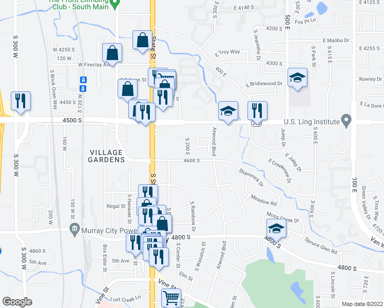 map of restaurants, bars, coffee shops, grocery stores, and more near 4571 South 200 East in Murray