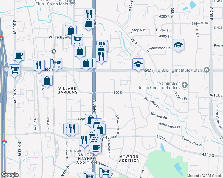 map of restaurants, bars, coffee shops, grocery stores, and more near 155 4600 South in Murray