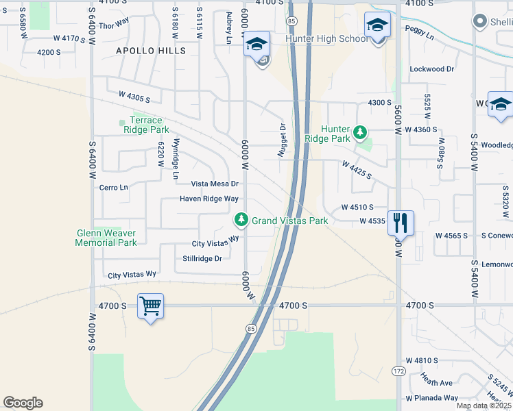 map of restaurants, bars, coffee shops, grocery stores, and more near 5962 Vistas Haven Way in West Valley City