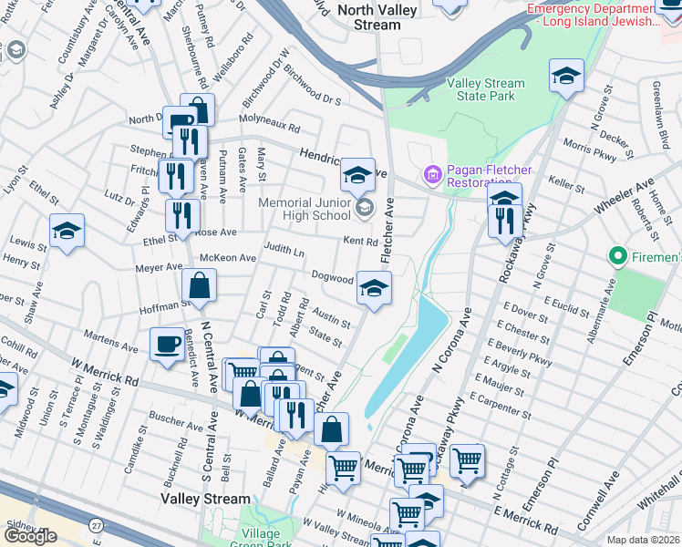map of restaurants, bars, coffee shops, grocery stores, and more near 215 Dogwood Road in Valley Stream