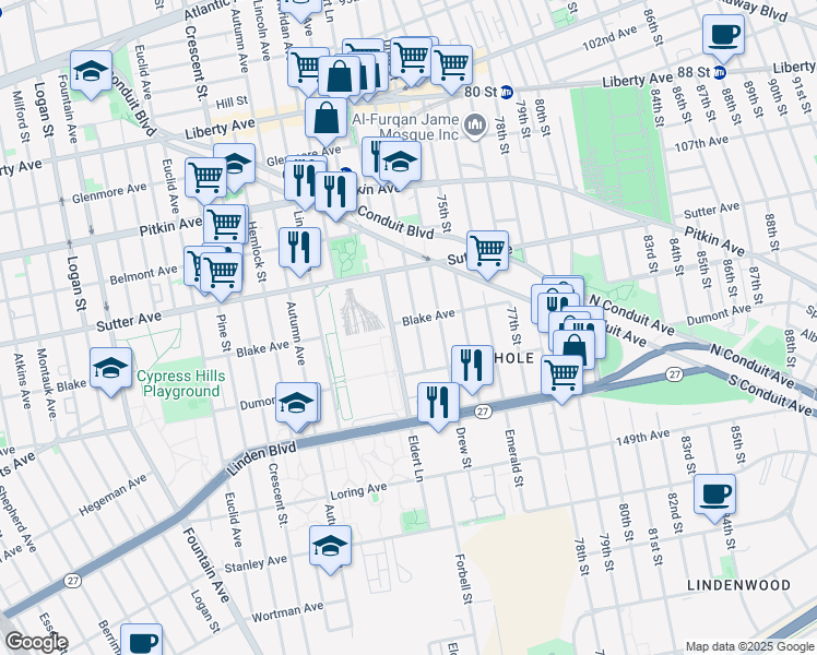 map of restaurants, bars, coffee shops, grocery stores, and more near 1453 Blake Avenue in Brooklyn