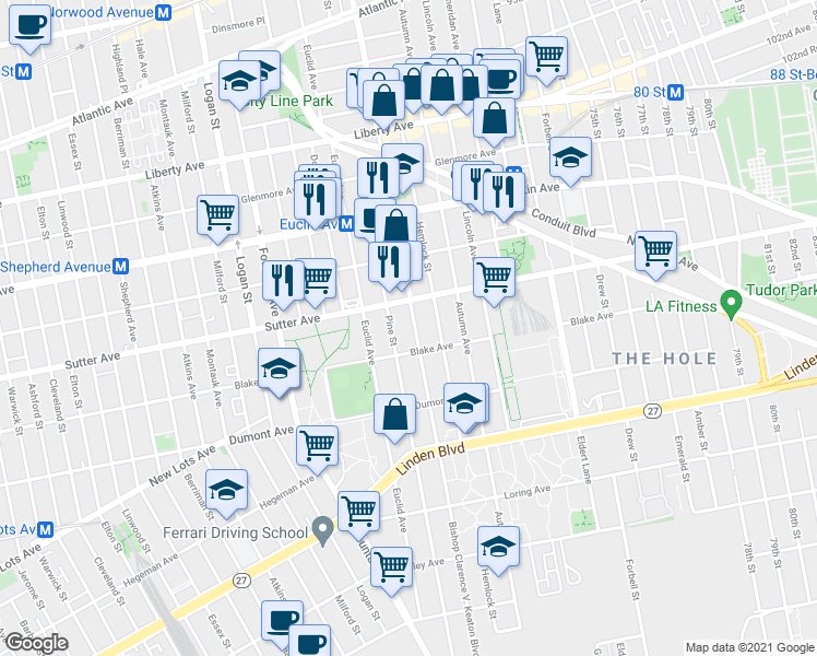 map of restaurants, bars, coffee shops, grocery stores, and more near 623 Crescent Street in Brooklyn