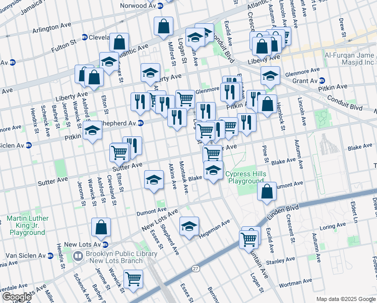map of restaurants, bars, coffee shops, grocery stores, and more near 277 Milford Street in Brooklyn