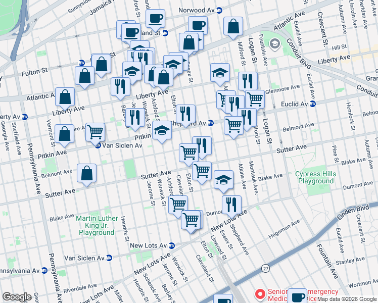 map of restaurants, bars, coffee shops, grocery stores, and more near 522 Linwood Street in Brooklyn