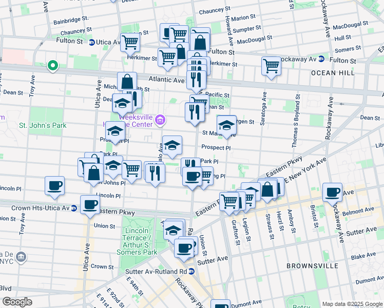 map of restaurants, bars, coffee shops, grocery stores, and more near 1618 Prospect Place in Brooklyn